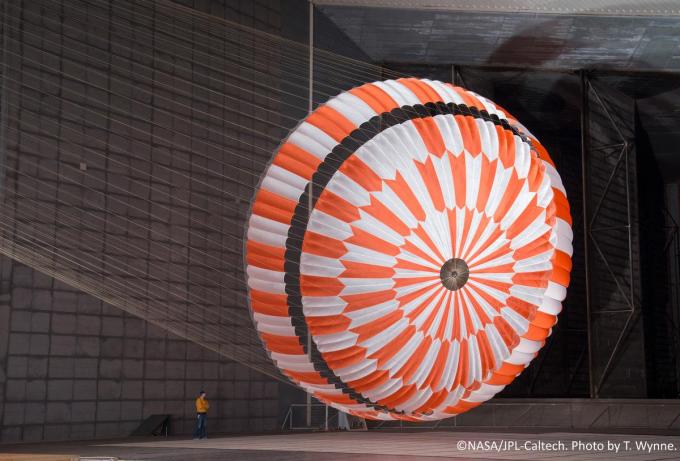 The parachute was tested extensively in a wind tunnel.  © T. Wayne.  NASA