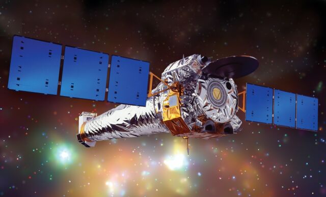 Illustration of the Chandra X-ray Observatory in space, the most sensitive X-ray telescope ever built.
