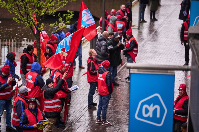 Employees of the Albert Heijn Distribution Center demonstrate in front of the AH branch in Zaandam, Netherlands.