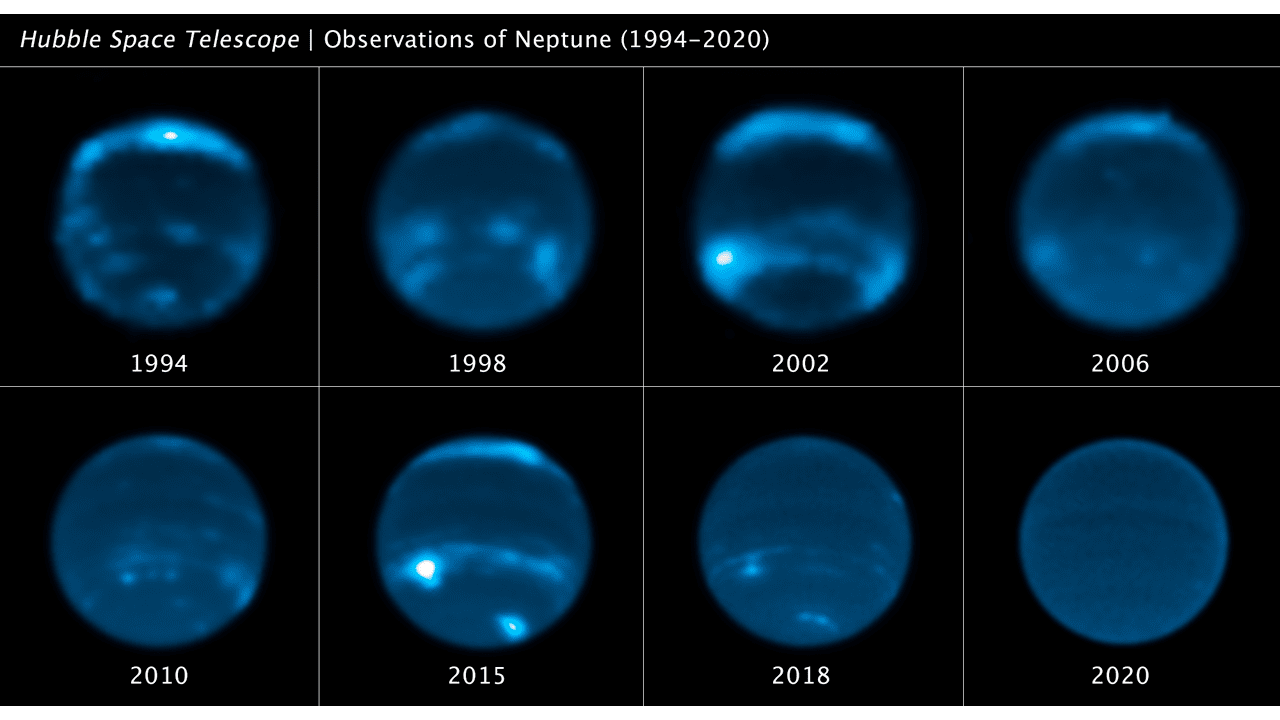 This sequence of Hubble Space Telescope images chronicles the diminishing and diminishing amount of cloud cover on Neptune.  This view shows Hubble snapshots of the planet taken in 1994, 1998, 2000, 2002 (top row, left to right) and 2006, 2010, 2015, 2020 (bottom row, left to right).  The planet is blue (due to the absorption of red light by the methane in its atmosphere) and the high, cloud-like clouds are white.  Comparison of Neptune's cloud cover corresponds to peaks in the 11-year recurring solar cycle where the Sun's activity level rises and falls rhythmically.  Apparently, the increase in solar ultraviolet radiation causes chemical changes that affect the amount of cloud cover on Neptune.