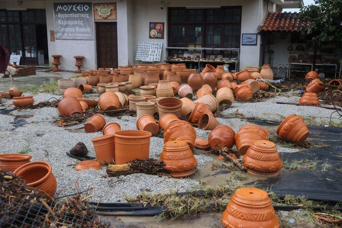 Broken bowls after flooding in a pottery workshop in the village of Malakio, near Volos.