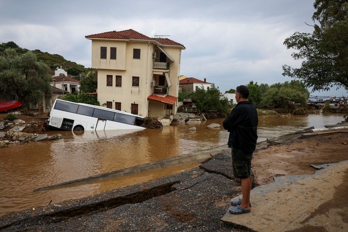 Bus half submerged in Platanias.