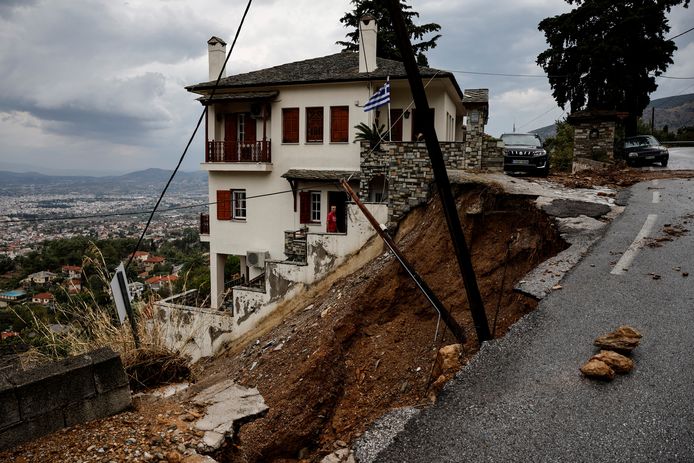 Partial road collapse in Ano Meria village near Volos.