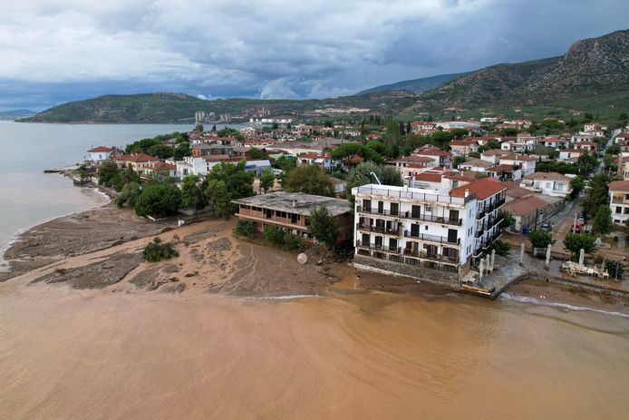 Flood waters mix with the sea in Agria.