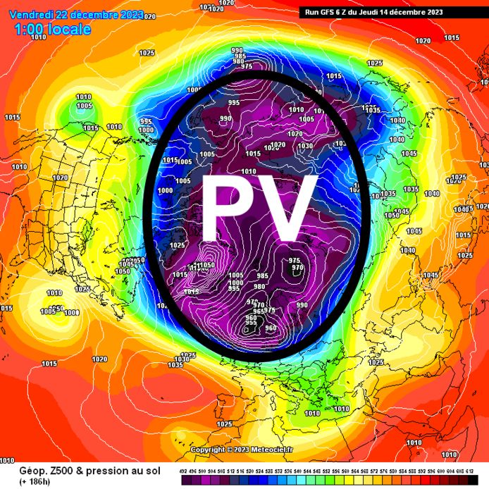 The polar vortex (PV) in the atmosphere is often a strongly enclosed air circulation with a lot of cold trapped.  If there is a sudden rise in stratospheric temperature, this cold could spread across the Northern Hemisphere.