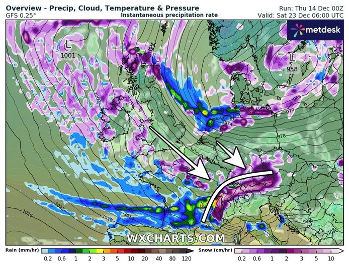 When the winds come from the northwest before Christmas 2023, the chance of snowfall increases in large areas.  The northern side of the Alps may be in the firing line of a veritable snow dump.
